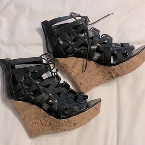 Black Lace Up Cork Wedge Sandals